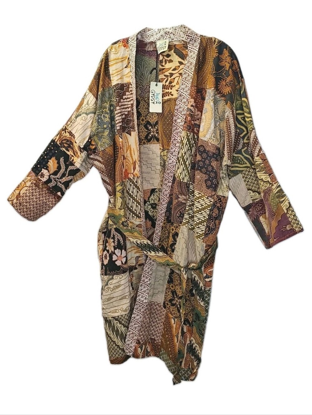 Jaded Gyspy Earthy Boho Patchwork Kimono Robe Pockets Belted Granola Hippie Boho